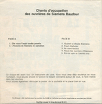 Le verso de la pochette&nbsp;: (Chants d'occupation des ouvri�res de Siemens Baudour - Quand tu disais Siemens / Faut chahuter / Ils sont foutus / Nous les ouvriers d'Siemens / Est-ce que tu l'aurais cru&nbsp;?)