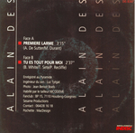 Le verso de la pochette&nbsp;: (Alain Des - Premi�re larme)